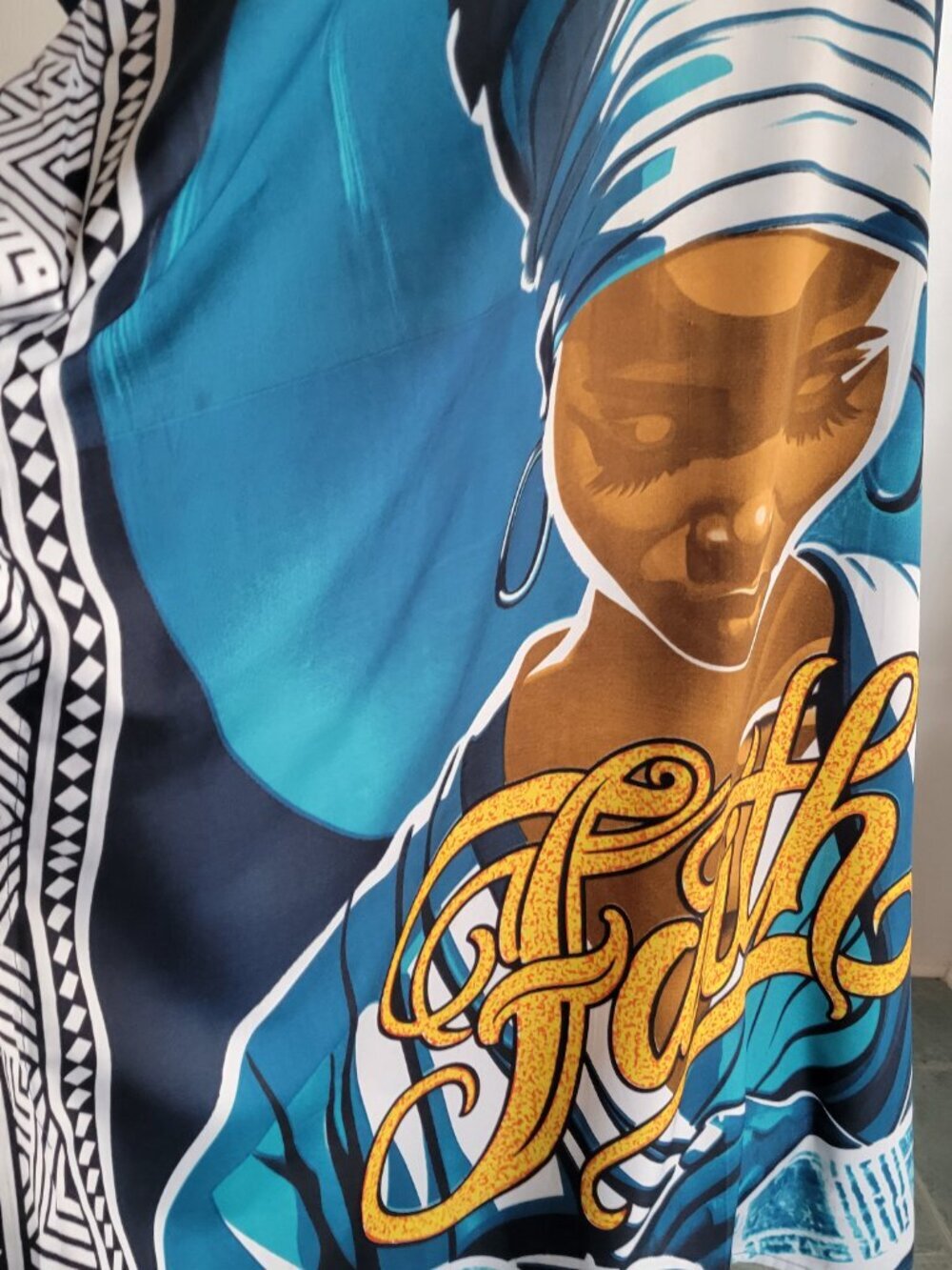 African Print Blue & White Abstract Faith Graphic Kaftan Dress - Picture 13 of 15